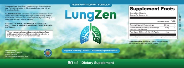 LungZen supplement facts label showing turmeric root, curcumin extract, and BioPerine dosage information